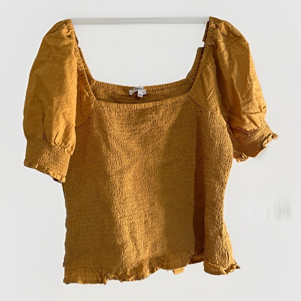 Madewell Smocked Crop Top Blouse Womens Large L Mustard Yellow Stretch Cami